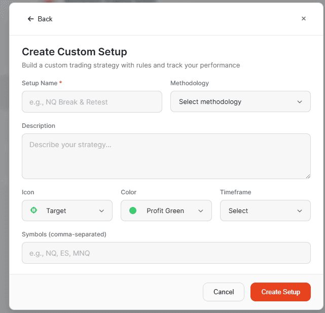 Saga - Create a custom setup from scratch with name, methodology, timeframe and tracked symbols