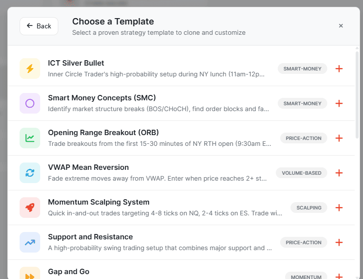 Saga - Choose a strategy template: ICT Silver Bullet, Smart Money Concepts, Opening Range Breakout, VWAP